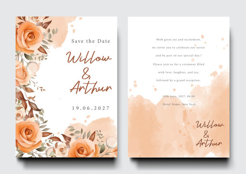 Corner of nude rose flower arrangement on wedding invitation background. Botanic card design concept