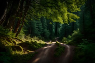 A serene, sunlit forest road amidst green foliage and woodland tranquility.