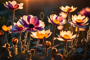 Serene Natural Landscape with Colorful Blossoming Flowers Under a Blue Sky