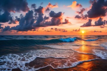 Tranquil sunset beach: dramatic sky, waving wind, serene ocean. Surfing adventure.