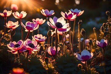 Serene Natural Landscape with Colorful Blossoming Flowers Under a Blue Sky