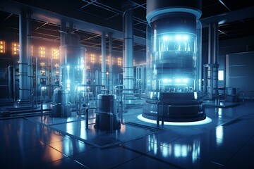 An advanced nuclear power plant with molten salt reactor and energy storage, showcased in a 3D rendering. Generative AI - obrazy, fototapety, plakaty