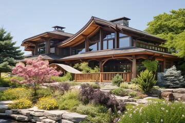 Fototapeta na wymiar A detailed view of a contemporary house featuring a rustic cedar roof in full bloom during the warm season. Generative AI