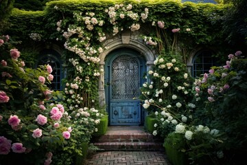 Fototapeta na wymiar A hidden garden with ivy-covered walls, open gate, roses, hedges. Generative AI