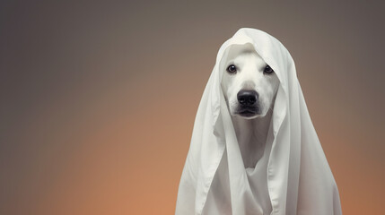 Cute dog wrapped in a sheet wearing a ghost costume on a minimalistic background. Halloween concept. 