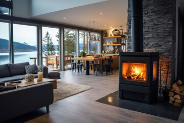 A double-sided wood stove in an open-concept living area provides heat to multiple rooms, acting as a central fixture