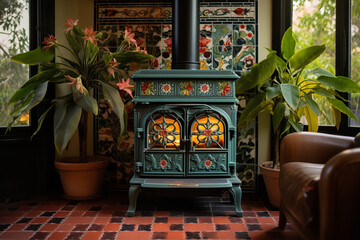 An antique wood stove adorned with floral ceramic tiles sits in a heritage home, adding to its vintage ambiance - obrazy, fototapety, plakaty