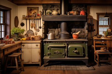 An old-fashioned wood stove sits in a farmhouse kitchen, often used for both cooking and heating the space - obrazy, fototapety, plakaty