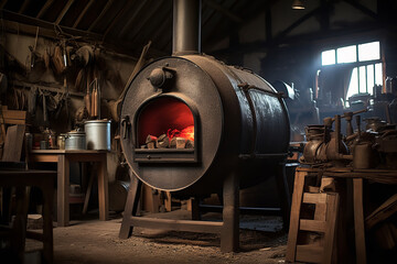  A barrel-shaped wood stove in a rustic workshop heats the space, adding an industrial vibe to the room