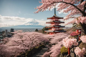 Papier Peint photo Mont Fuji Mt Fuji and Cherry Blossom at Kawaguchiko lake in Japan.