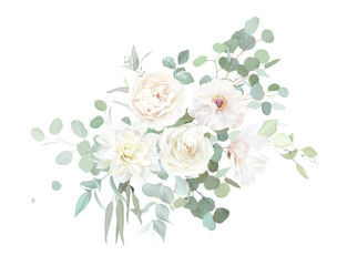 Dusty beige rose, white dahlia, ranunculus, magnolia, mint eucalyptus, greenery vector design floral bouquet