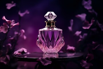 Purple glass perfume bottle on the purple dark background.