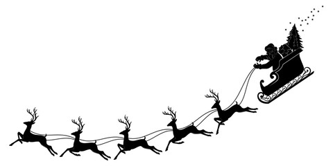 silhouette of a santa claus with reindeer - obrazy, fototapety, plakaty