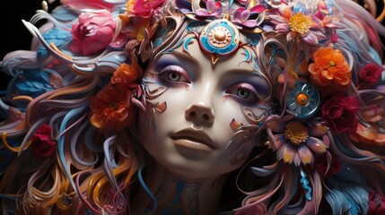 Fototapeta premium Embark on a spiritual journey as the third eye opens on the humanoid's head, symbolizing awakening and collective consciousness. Beautiful girl's face surrounded by flowers.