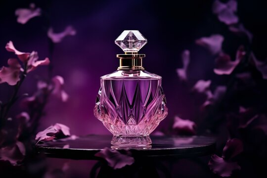 Purple glass perfume bottle on the purple dark background.