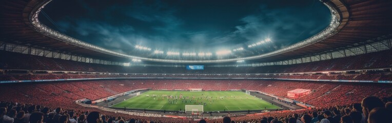 Panoramic view captures the electrifying atmosphere of a stadium packed with cheering spectators on a game night. The image embodies the collective passion and excitement of live sports.