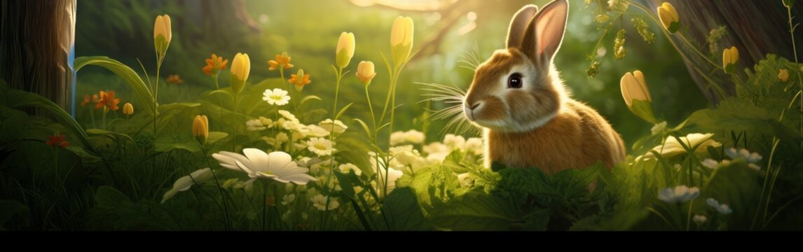 Panoramic view captures a rabbit in a jungle setting, illuminated by the ethereal glow of colorful flora at night. The image evokes a sense of enchantment and the magical nuances of nature.