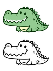 Cute Crocodile doodle style vector illustration, Crocodilus doodle cartoon style colored and black and white line art for coloring book stock vector image
