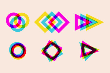 Set of geometric shapes in risograph style, overlapping colors.