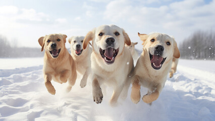 Group of Labrador Retrievers running together in the snow field