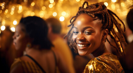 African american woman partying at club, enjoying nightlife with friends on the dance floor. Young group of people having fun feeling happy at nightclub, listening to stereo music. Tripod shot. - obrazy, fototapety, plakaty