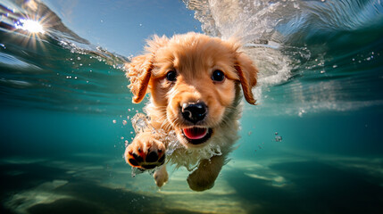 a polar golden retriever dog puppy swimming in crystal clear water, underwater photo