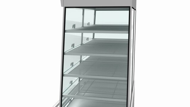 Glass refrigerated display case for ready-made dishes in self-service canteens. 3D animation