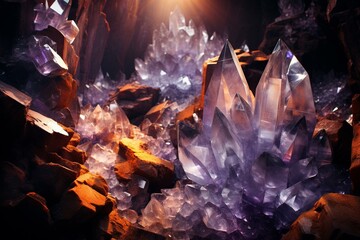 Crystals in enchanting cave. Generative AI