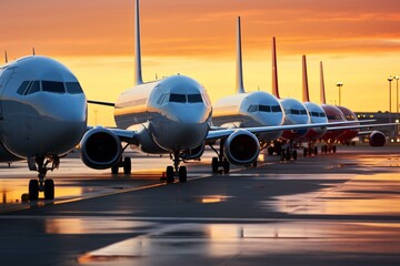 Fototapeta na wymiar Modern aircrafts lined up at a terminal. Generative AI