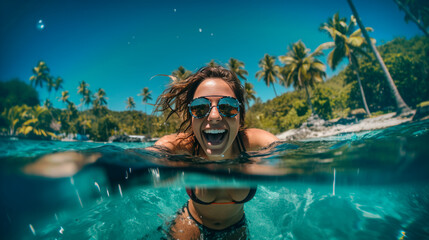 a happy girl taking a selfie in the water in a tropical paradise