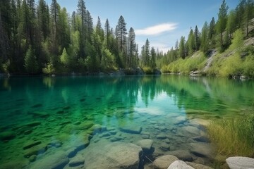 Fototapeta na wymiar Scenic lake amidst dense woods, clear water. Generative AI