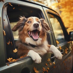 Happy dog with head out of the car window having fun - 657717832