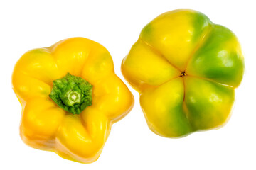 Set of fresh whole and sliced sweet yellow pepper isolated on white background. Top view