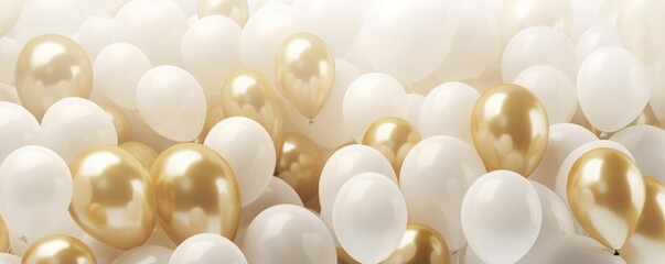A festive display of white and gold balloons - obrazy, fototapety, plakaty