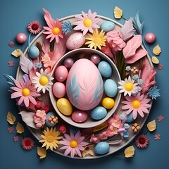 Obraz na płótnie Canvas easter eggs with flowerseaster, egg, spring, holiday, eggs, decoration, celebration, flower, basket, colorful, pink, food, 