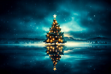 Decorated Christmas tree against the background of a starry snowy night and with reflection in the water. Dark theme, copy space