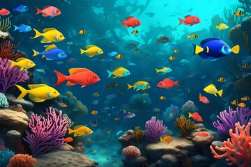 Naklejka na ściany i meble A vibrant coral reef teeming with colorful fish and exotic underwater creatures