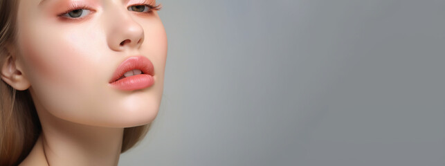 healthy human lips with peach glossy and shiny lipstick , Skincare and beauty and a cosmetic concept - obrazy, fototapety, plakaty
