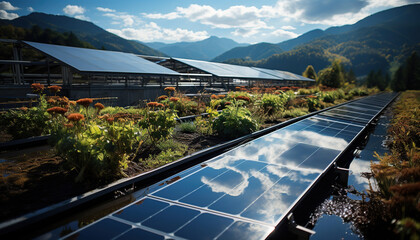Illustrate a close-up of a solar power plant installed in the mountainous regions of Japan. Solar panels are installed along the mountainside against the backdrop of blue sky and clouds
