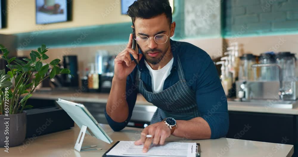 Poster cafe, phone call of waiter and man on checklist, talk or conversation. coffee shop, tablet and happy