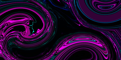Swirl bright purple pink color wave on black royal background. Neon green light. Digital backdrop. Abstract wall. Cover design. Galaxy trippy space. Metaverse scene. Tech pattern. NFT Token concept.