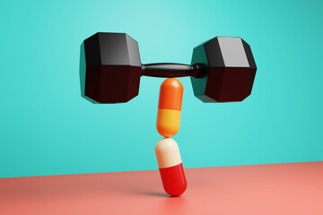 Colorful capsule pills lifting a black hex dumbbell. Illustration of the concept of pharmaceutical research on pills to replace exercise and workouts
