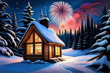 landscape with house and fireworks on new year