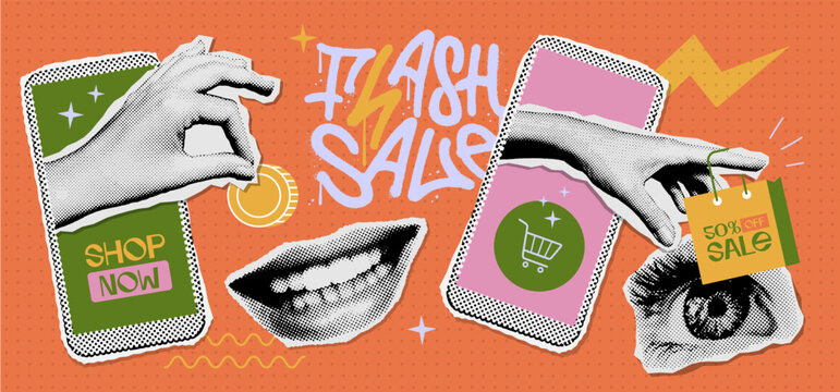Set of retro halftone paper elements for collage. Online shopping or online sale concept stickers. Vector illustration with hand coming out of phone, giving money or taking paper bag. Vector