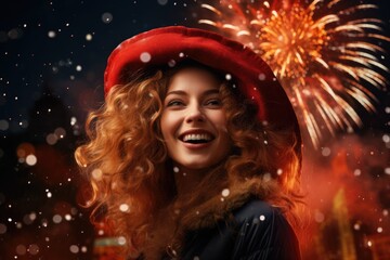 A woman wearing a red hat with fireworks in the background