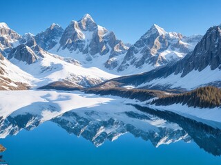 "Alpine Majesty" an awe-inspiring image of a snow-capped mountain range under a clear blue sky, with a pristine alpine lake