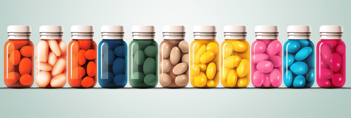 Multi-colored probiotic tablets in glass bottles, taking care of your health and intestinal microflora, biological supplements, illustration - obrazy, fototapety, plakaty