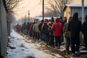 A line of people waiting for humanitarian aid, donations to people in need, refugee problem in the world - obrazy, fototapety, plakaty