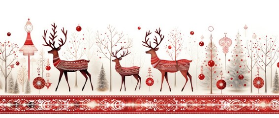 A festive winter wonderland with deer and beautifully decorated trees