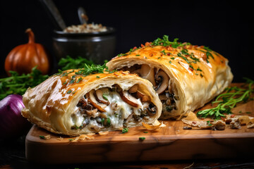 A savory mushroom and cheese strudel is presented on a rustic wooden platter, ready for serving - obrazy, fototapety, plakaty
